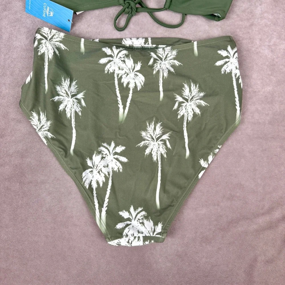 Cupshe Olive Green Palm Tree Print High Waisted Bikini Set Twist Front Lace Up M